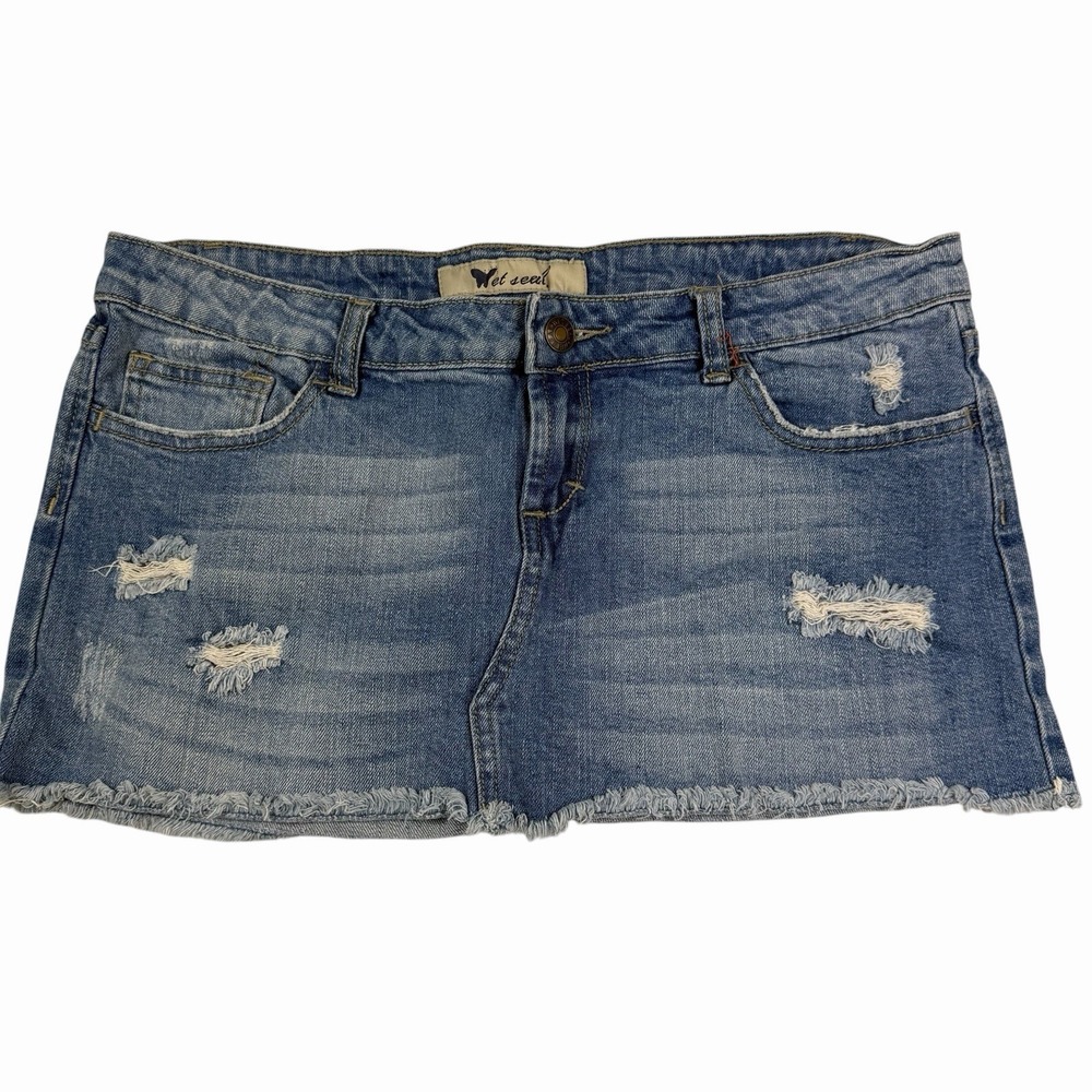 VTG Wet Seal 2000s Denim Skirt Micro Mini Distressed Grunge Sz 11/32 Raw Hem Y2K